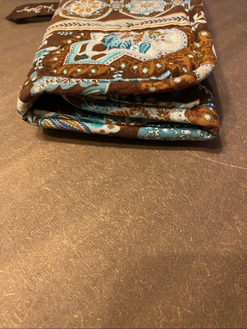 Vintage Vera Bradley Java Blue Trifold Wallet Quilted Cotton Brown Teal 7”x4”